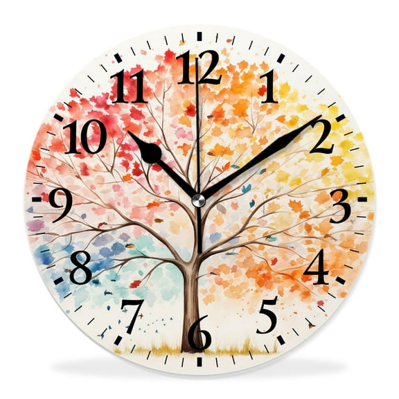 10 Inch Wall Clock Battery Operated Silent Clock Decorative for Office, Kitchen, Outdoor, Living RoomWatercolor Tree of Life Hand Painted Colorful Four Seasons Tree Print