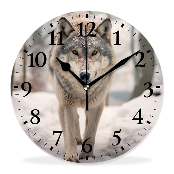 10 Inch Wall Clock Battery Operated Silent Clock Decorative for Office, Kitchen, Outdoor, Living RoomWolf Animal on Winter Snow Forest Woodland Multicolor