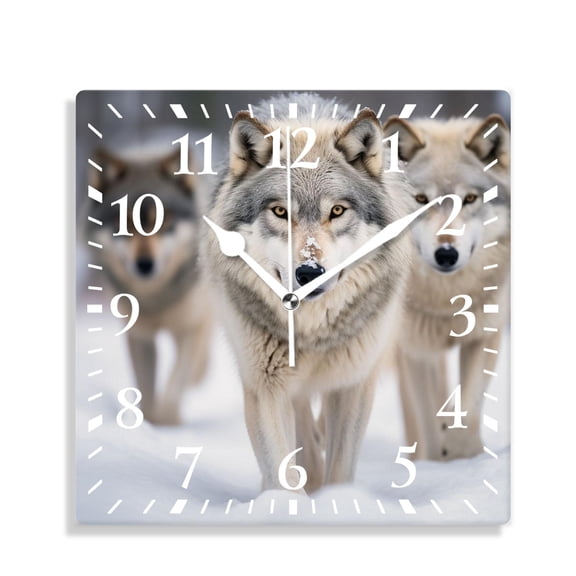 10 Inch Wall Clock Battery Operated Silent Clock Decorative for Office, Kitchen, Outdoor, Living RoomWolf Animal on Winter Snow forest Woodland Drawing