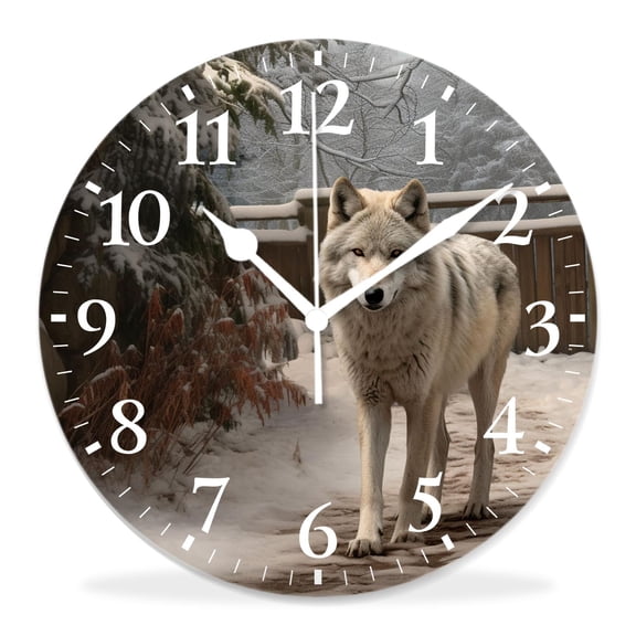 10 Inch Wall Clock Battery Operated Silent Clock Decorative for Office, Kitchen, Outdoor, Living RoomWolf Animal on Winter Snow forest Woodland Lovely