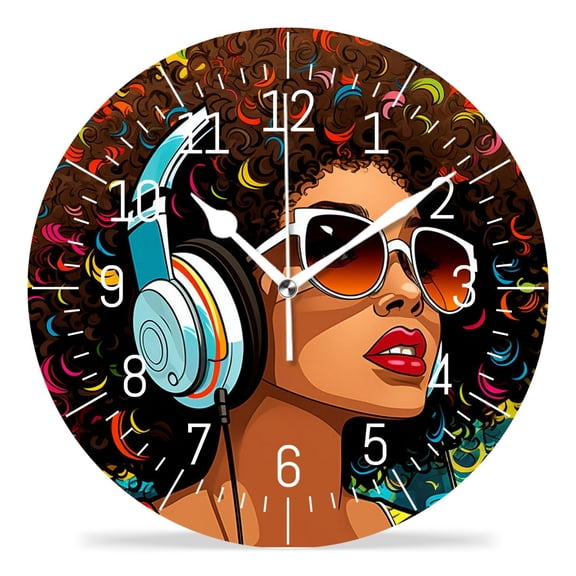 10 Inch Wall Clock Battery Operated Silent Clock Decorative for Office, Kitchen, Outdoor, Living Room，African American Woman Music Picture