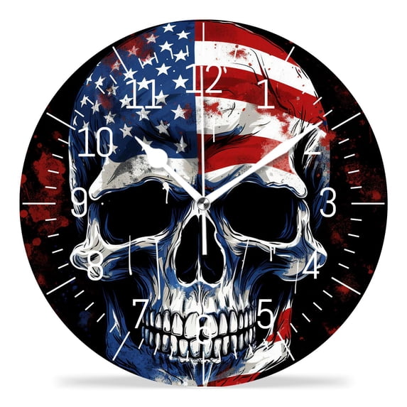 10 Inch Wall Clock Battery Operated Silent Clock Decorative for Office, Kitchen, Outdoor, Living Room,American Flag Sugar Skull Black Creative