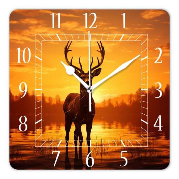 10 Inch Wall Clock Battery Operated Silent Clock Decorative for Office, Kitchen, Outdoor, Living RoomAntlers Hugging Sunset Silhouette Pattern