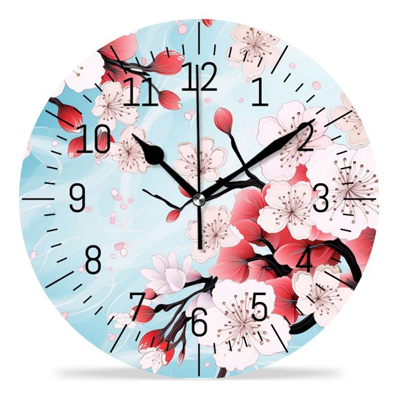 10 Inch Wall Clock Battery Operated Silent Clock Decorative for Office, Kitchen, Outdoor, Living RoomBeautiful Blooming Branches Drawing
