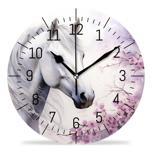 10 Inch Wall Clock Battery Operated Silent Clock Decorative for Office, Kitchen, Outdoor, Living Room，Beautiful Horse with Cherry Blossom Lovely