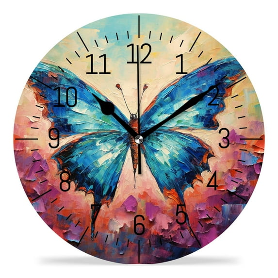 10 Inch Wall Clock Battery Operated Silent Clock Decorative for Office, Kitchen, Outdoor, Living Room,Beautiful Tropical Butterfly on Tie Dye Drawing