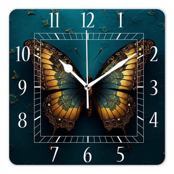 10 Inch Wall Clock Battery Operated Silent Clock Decorative for Office, Kitchen, Outdoor, Living Room,Blue Butterfly Golden Pattern