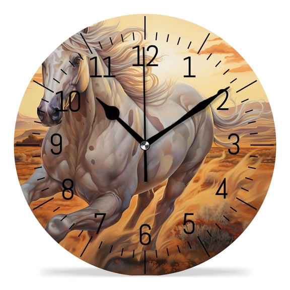 10 Inch Wall Clock Battery Operated Silent Clock Decorative for Office, Kitchen, Outdoor, Living RoomBrown Horse Running Sunset Pattern