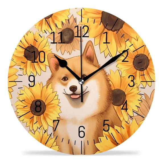 10 Inch Wall Clock Battery Operated Silent Clock Decorative for Office, Kitchen, Outdoor, Living Room,Cartoon Dog Sunflower Yellow Beautiful Design