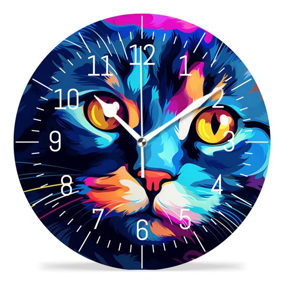 10 Inch Wall Clock Battery Operated Silent Clock Decorative for Office, Kitchen, Outdoor, Living RoomCat Face Close to Colorful Eyes Image