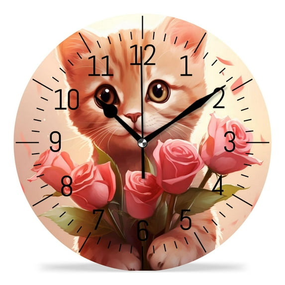 10 Inch Wall Clock Battery Operated Silent Clock Decorative for Office, Kitchen, Outdoor, Living Room,Cat Kitten with Flower Beautiful