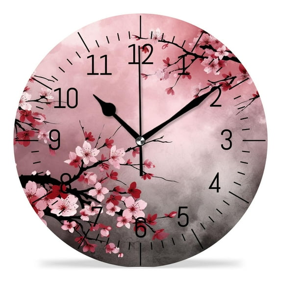 10 Inch Wall Clock Battery Operated Silent Clock Decorative for Office, Kitchen, Outdoor, Living Room,Cherry Blossom Tree Colorful