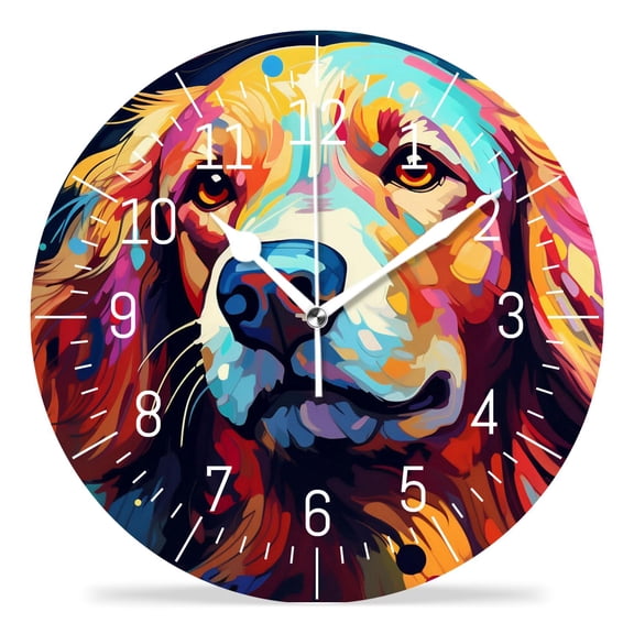 10 Inch Wall Clock Battery Operated Silent Clock Decorative for Office, Kitchen, Outdoor, Living RoomColorful Dog Print Golden Retriever Style