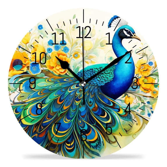 10 Inch Wall Clock Battery Operated Silent Clock Decorative for Office, Kitchen, Outdoor, Living Room,Colorful Peacock Tail Feathers Elegant Pattern
