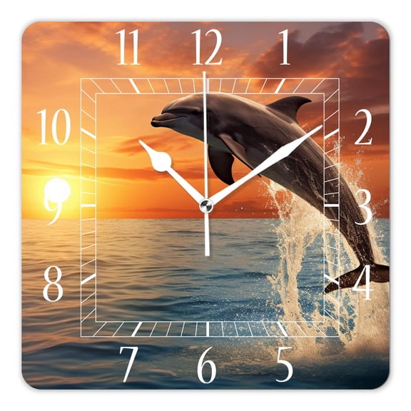 10 Inch Wall Clock Battery Operated Silent Clock Decorative for Office, Kitchen, Outdoor, Living RoomDolphin Jumping Out of The Sea Lovely Drawing