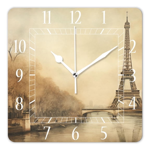10 Inch Wall Clock Battery Operated Silent Clock Decorative for Office, Kitchen, Outdoor, Living RoomEiffel Tower Retro Paris Cute Drawing