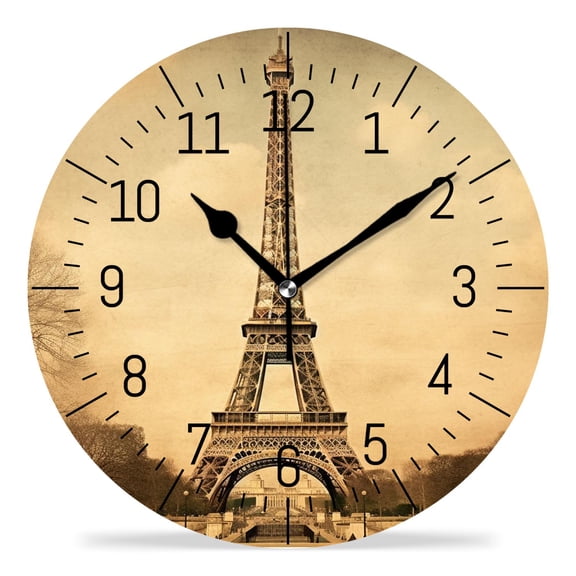 10 Inch Wall Clock Battery Operated Silent Clock Decorative for Office, Kitchen, Outdoor, Living RoomEiffel Tower Retro Paris Pattern