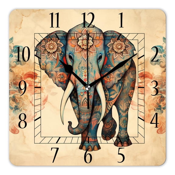 10 Inch Wall Clock Battery Operated Silent Clock Decorative for Office, Kitchen, Outdoor, Living RoomEthnic Elephant Africa Style Style
