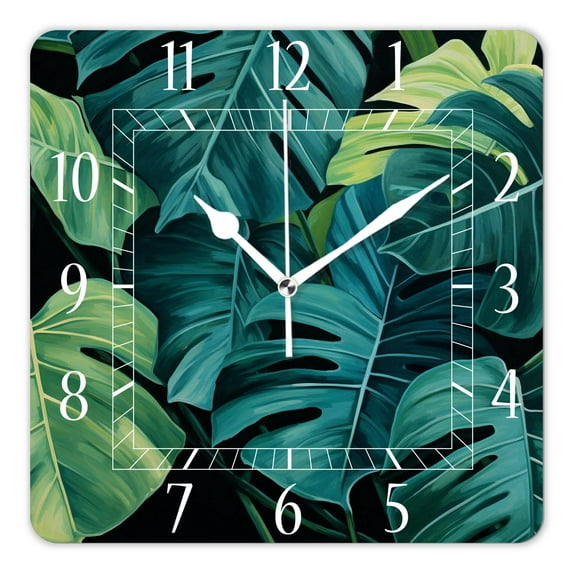 10 Inch Wall Clock Battery Operated Silent Clock Decorative for Office, Kitchen, Outdoor, Living Room,Green Monstera Art