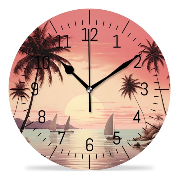 10 Inch Wall Clock Battery Operated Silent Clock Decorative for Office, Kitchen, Outdoor, Living RoomHawaii Beach with Palm Trees Cute Pattern