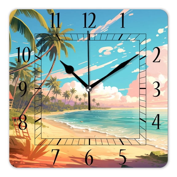 10 Inch Wall Clock Battery Operated Silent Clock Decorative for Office, Kitchen, Outdoor, Living RoomHawaii Beach with Palm Trees Graceful Pattern