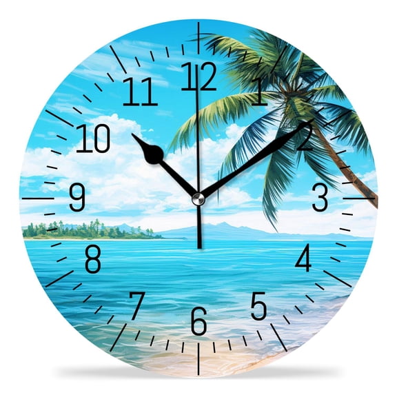 10 Inch Wall Clock Battery Operated Silent Clock Decorative for Office, Kitchen, Outdoor, Living RoomHawaii Beach with Palm Trees Multicolor