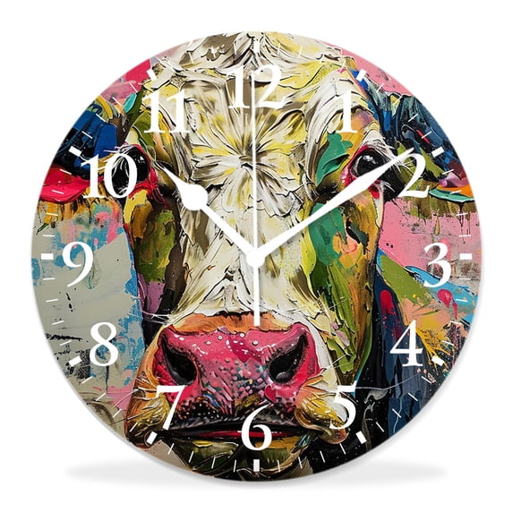 10 Inch Wall Clock Battery Operated Silent Clock Decorative for Office, Kitchen, Outdoor, Living RoomHumorous Cow Oil Painting Farm Delicate