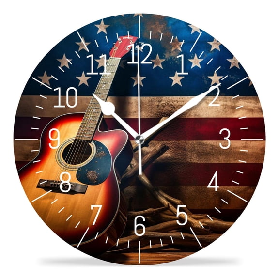 10 Inch Wall Clock Battery Operated Silent Clock Decorative for Office, Kitchen, Outdoor, Living Room，Music Guitar American Flag Design