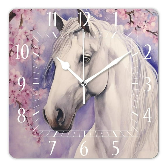 10 Inch Wall Clock Battery Operated Silent Clock Decorative for Office, Kitchen, Outdoor, Living Room,Oil Painting Horse Cherry Blossom Multicolor