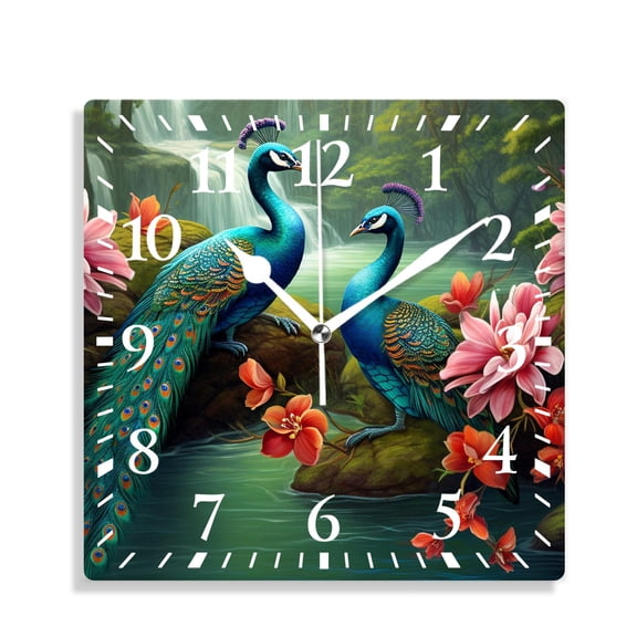 10 Inch Wall Clock Battery Operated Silent Clock Decorative for Office, Kitchen, Outdoor, Living Room，Peacock Spa Pattern