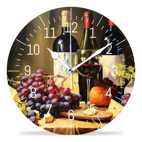 10 Inch Wall Clock Battery Operated Silent Clock Decorative for Office, Kitchen, Outdoor, Living RoomRed Wine Cheese Pink Grapes Image