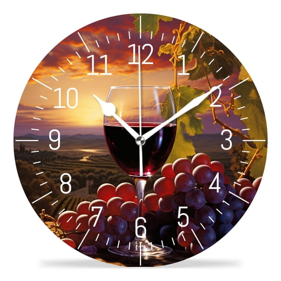 10 Inch Wall Clock Battery Operated Silent Clock Decorative for Office, Kitchen, Outdoor, Living RoomRed Wine Glass Grape Art