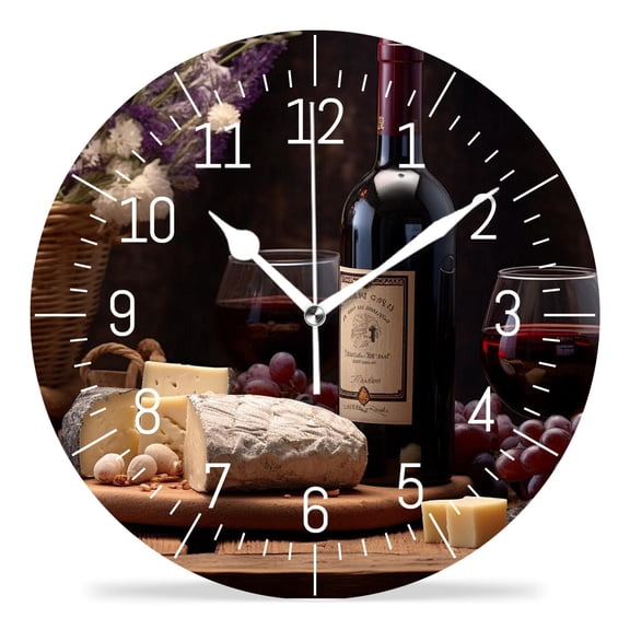 10 Inch Wall Clock Battery Operated Silent Clock Decorative for Office, Kitchen, Outdoor, Living RoomRed Wine with Cheese Picture