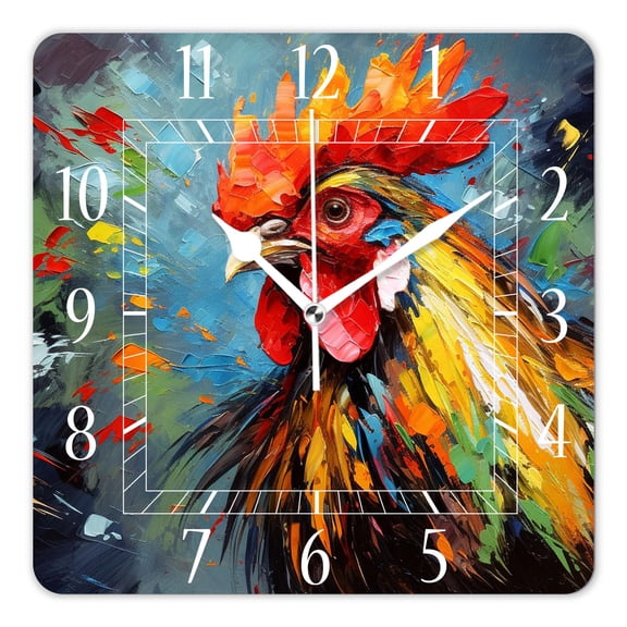 10 Inch Wall Clock Battery Operated Silent Clock Decorative for Office, Kitchen, Outdoor, Living RoomRooster in A Colored Background Cute