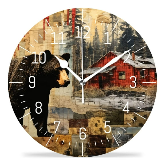 10 Inch Wall Clock Battery Operated Silent Clock Decorative for Office, Kitchen, Outdoor, Living RoomRustic Lodge Bear Moose Deer Beautiful