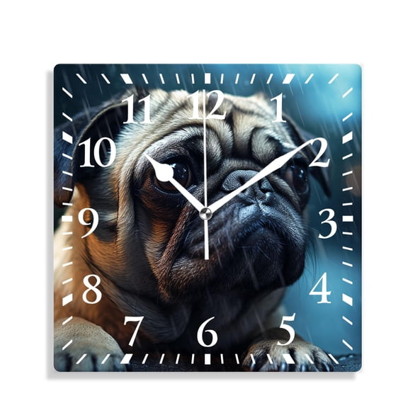 10 Inch Wall Clock Battery Operated Silent Clock Decorative for Office, Kitchen, Outdoor, Living RoomSad Pug Dog Animal in Rain Grey Sky Picture