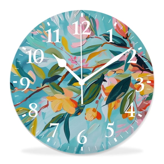 10 Inch Wall Clock Battery Operated Silent Clock Decorative for Office, Kitchen, Outdoor, Living Room，Spring Beautiful Floral Green Plants Delicate