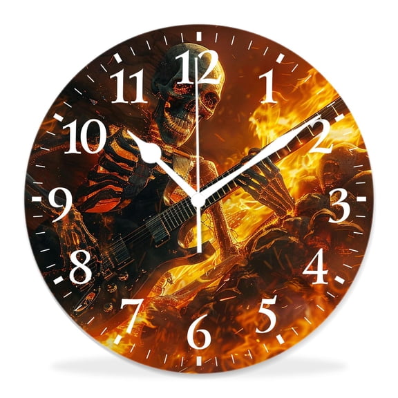 10 Inch Wall Clock Battery Operated Silent Clock Decorative for Office, Kitchen, Outdoor, Living RoomSugar Skull with Guitar Charming