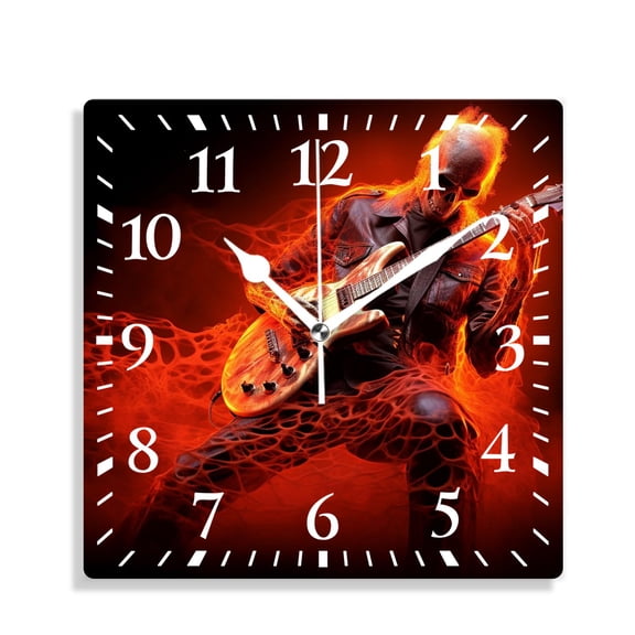10 Inch Wall Clock Battery Operated Silent Clock Decorative for Office, Kitchen, Outdoor, Living RoomSugar Skull with Guitar Drawing