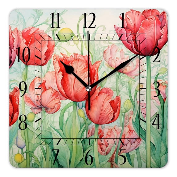 10 Inch Wall Clock Battery Operated Silent Clock Decorative for Office, Kitchen, Outdoor, Living Room，Vintage Red Tulip Flower Pattern