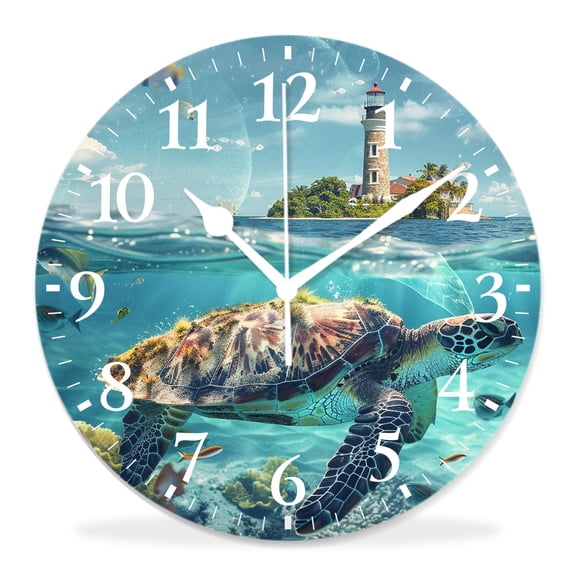 10 Inch Wall Clock Battery Operated Silent Clock Decorative for Office, Kitchen, Outdoor, Living RoomWatercolor Blue Turtle Sea Chic