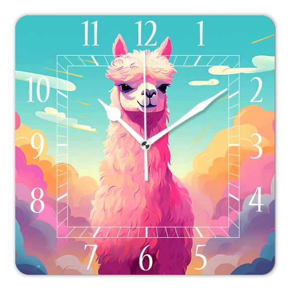 10 Inch Wall Clock Battery Operated Silent Clock Decorative for Office, Kitchen, Outdoor, Living RoomWhite Alpaca Cactus on Pink and Flowers Picture