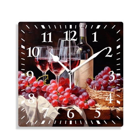 10 Inch Wall Clock Battery Operated Silent Clock Decorative for Office, Kitchen, Outdoor, Living Room，Wine Grapes Oak Casks Print