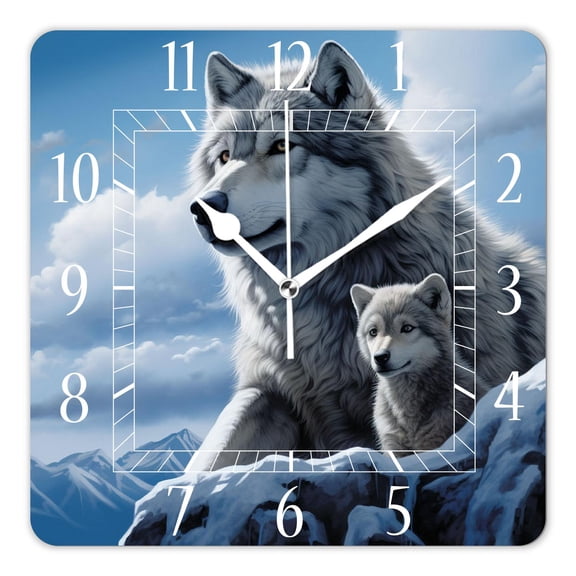 10 Inch Wall Clock Battery Operated Silent Clock Decorative for Office, Kitchen, Outdoor, Living Room，Wolf Couple Animal Painting