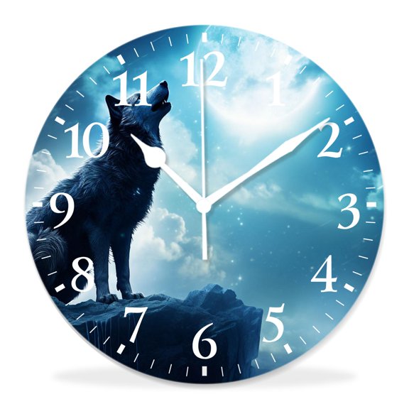 10 Inch Wall Clock Battery Operated Silent Clock Decorative for Office, Kitchen, Outdoor, Living RoomWolf Moon Blue Night Sky Elegant