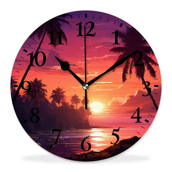 10 Inch Wall Clock Battery Operated Silent Clock Decorative for Office, Kitchen, Outdoor, Living RoomBeach and Palm Tree At Sunset Lovely Drawing