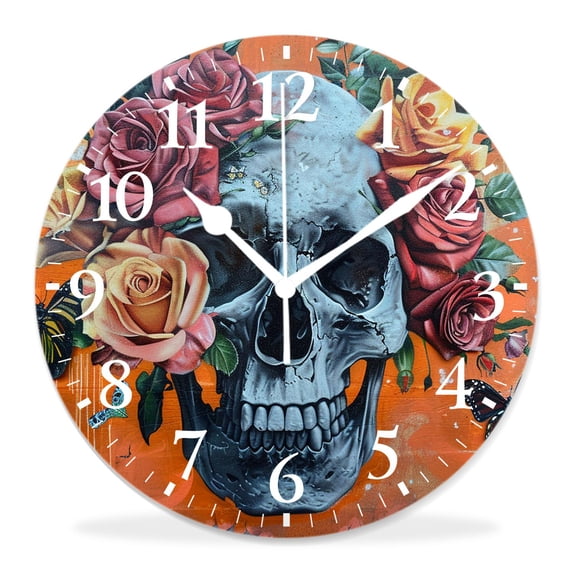 10 Inch Wall Clock Battery Operated Silent Clock Decorative for Office, Kitchen, Outdoor, Living RoomBeautiful Peony Butterfly Black Skull Creative
