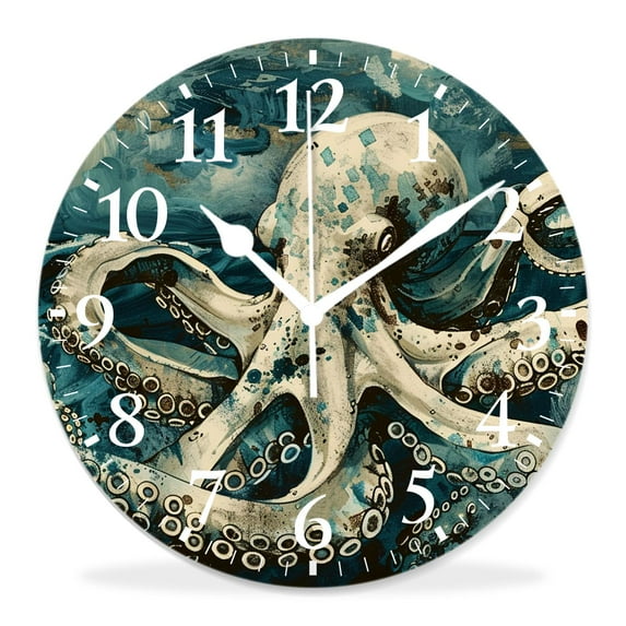 10 Inch Wall Clock Battery Operated Silent Clock Decorative for Office, Kitchen, Outdoor, Living Room,Blue Octopus with Tentacles Chic