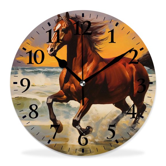 10 Inch Wall Clock Battery Operated Silent Clock Decorative for Office, Kitchen, Outdoor, Living RoomChestnut Horse Rushing To Shore Cute