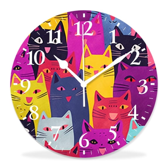 10 Inch Wall Clock Battery Operated Silent Clock Decorative for Office, Kitchen, Outdoor, Living RoomColorful Cartoon Cat Animal Print Cute Design